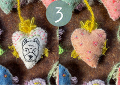 heavily stitched dog & cat wool felt hearts (fundraiser for pasadena humane)