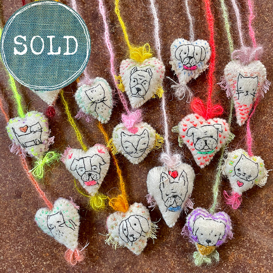 heavily stitched dog & cat wool felt hearts (fundraiser for pasadena humane)