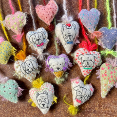 heavily stitched dog & cat wool felt hearts (fundraiser for pasadena humane)