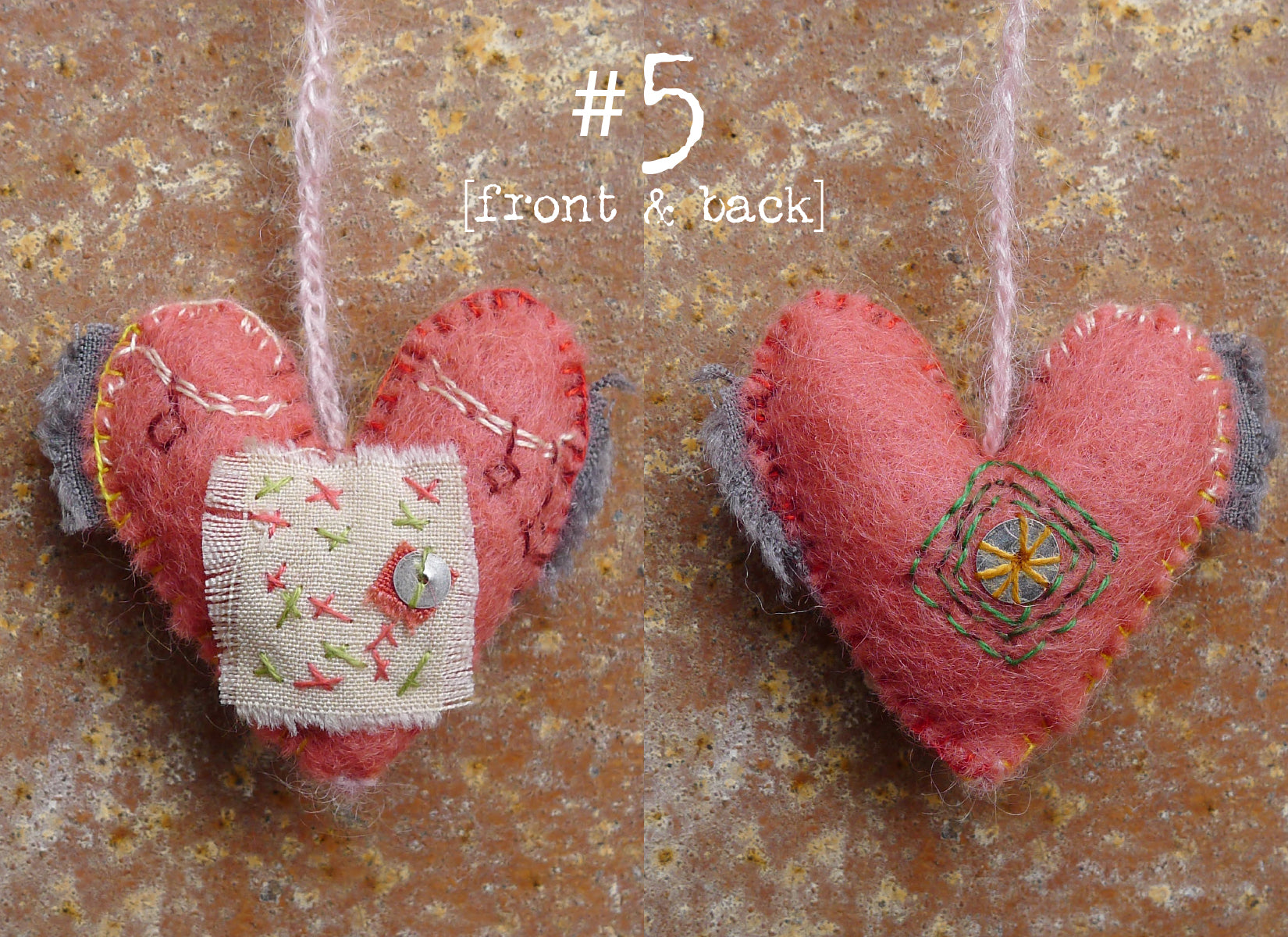 heavily stitched felt hearts – kata golda handmade